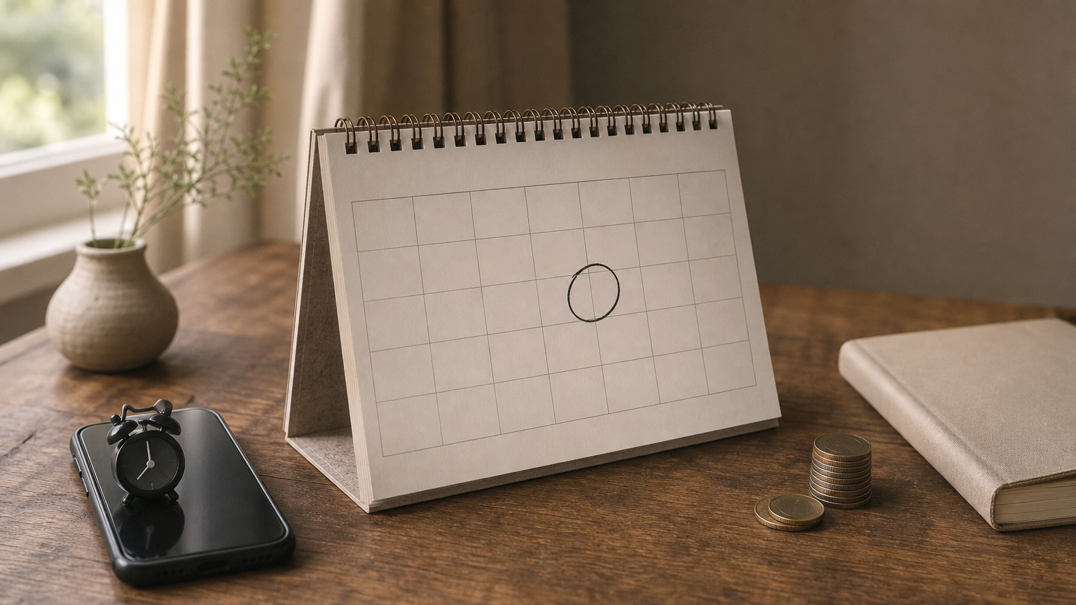 Wall calendar with a circled date, a phone alarm, and coins beside a planner booklet.