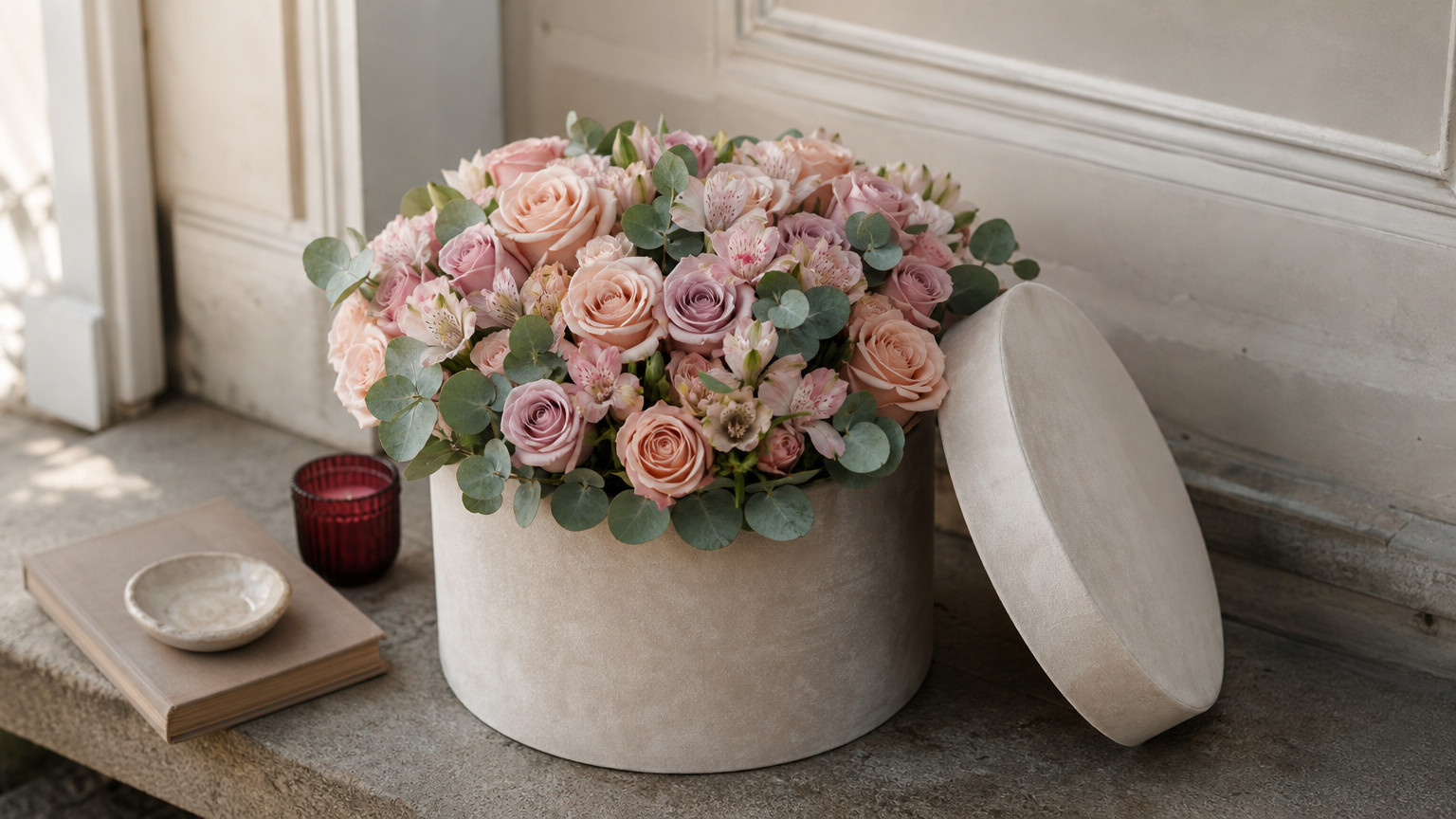 Round box of dense roses and greenery with its lid beside it on a doorstep.