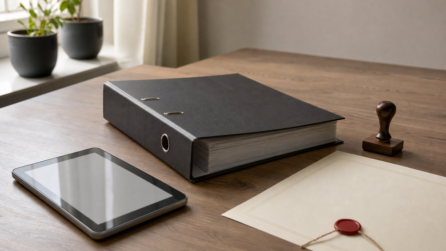 Aktenordner, Tablet mit Abhakliste, Stempel und Zertifikat auf einem Schreibtisch.