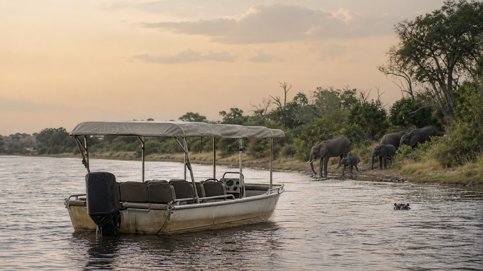 Chobe National Park Reviews: 8 Top-Rated Safaris and Lodges Small boat on a river near drinking elephants and a hippo at sunset.