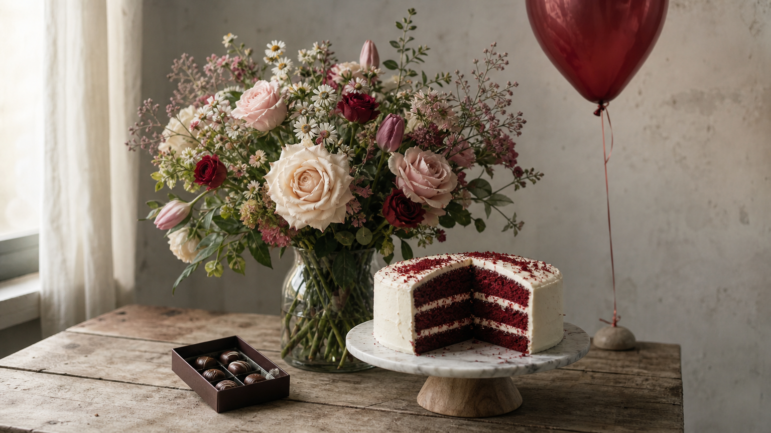 Flower bouquet beside a red velvet cake, a box of chocolates and a balloon.
