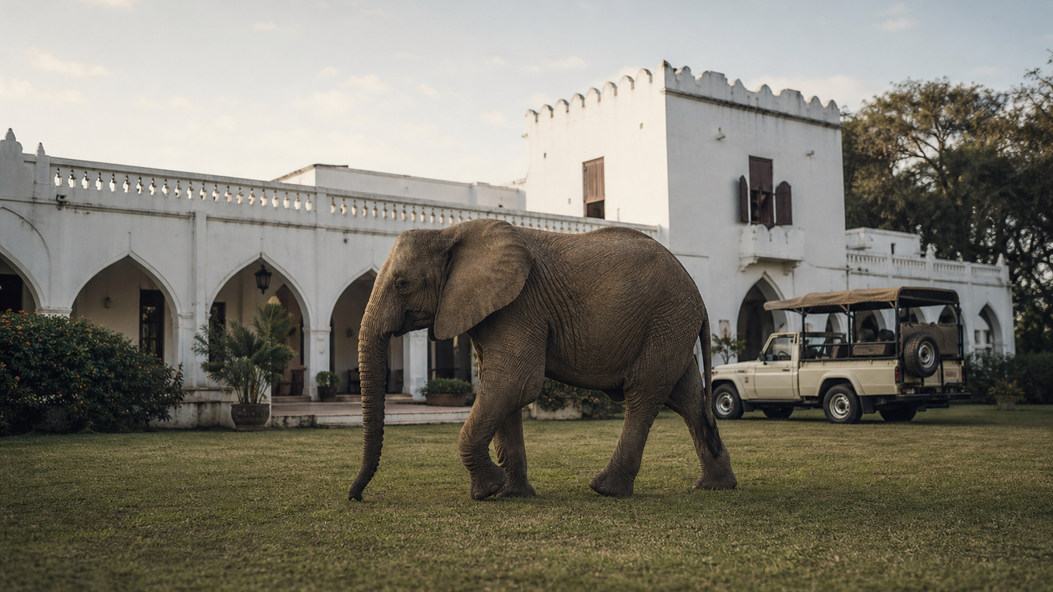 Chobe National Park Reviews: 8 Top-Rated Safaris and Lodges White arched lodge building with an elephant on the lawn and a safari vehicle nearby.
