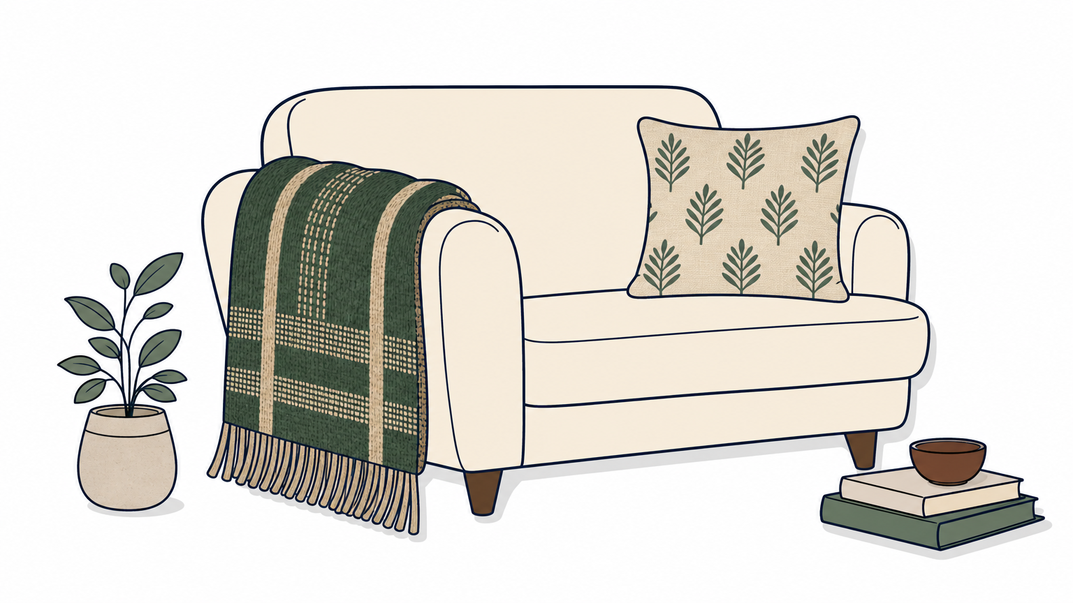 A green and tan wool throw draped over a cream sofa arm beside a printed pillow.
