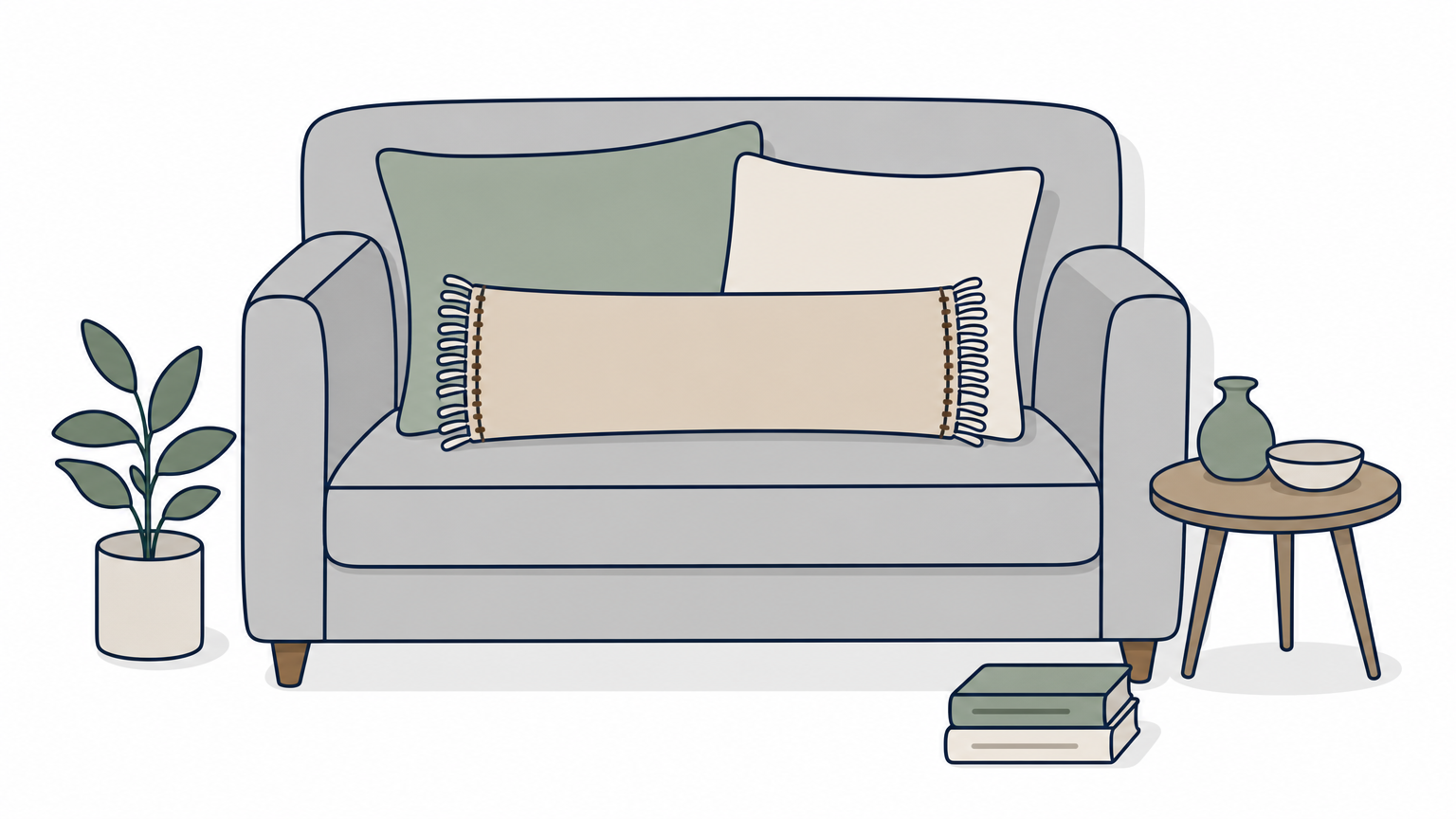 A fringed lumbar pillow sits in front of two square pillows on a gray sofa.