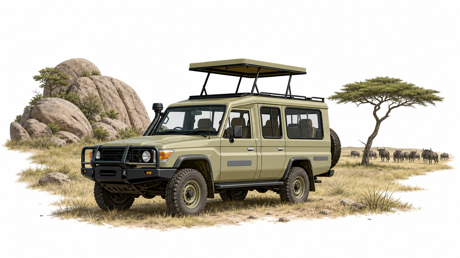 Safari vehicle parked on Serengeti grassland near a granite kopje with wildebeest in the distance.
