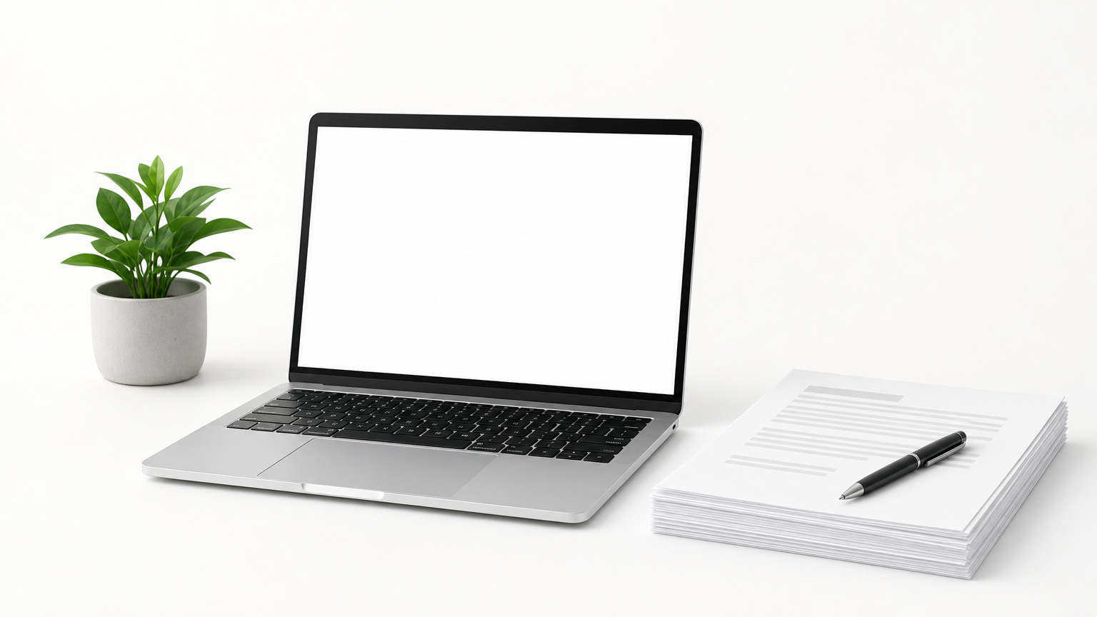 A laptop with a stack of printed drafts and a pen on a desk.