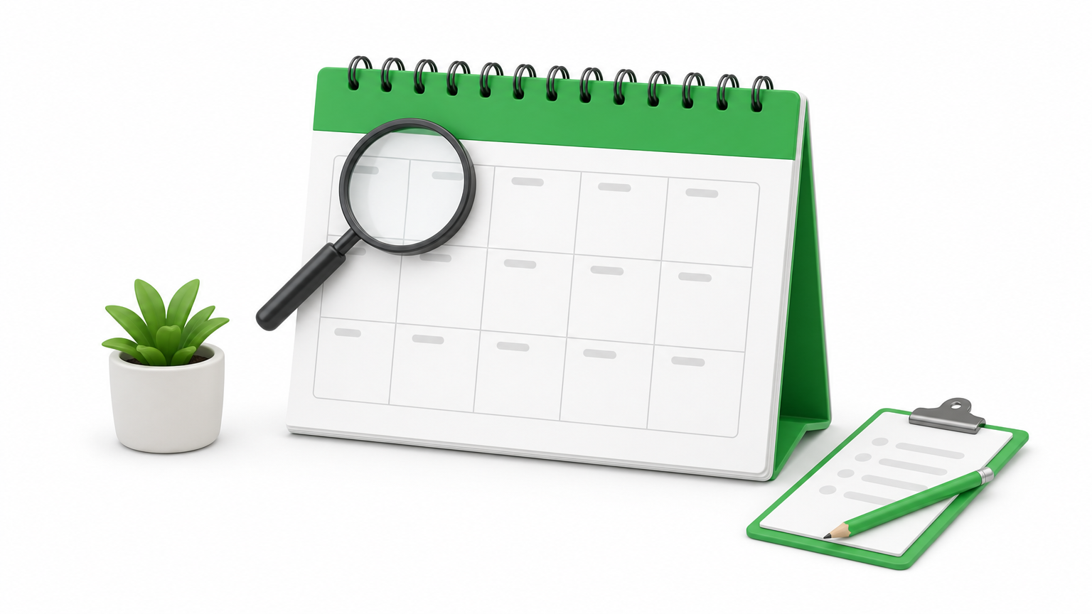 A month wall calendar with a magnifying glass and clipboard beside it.
