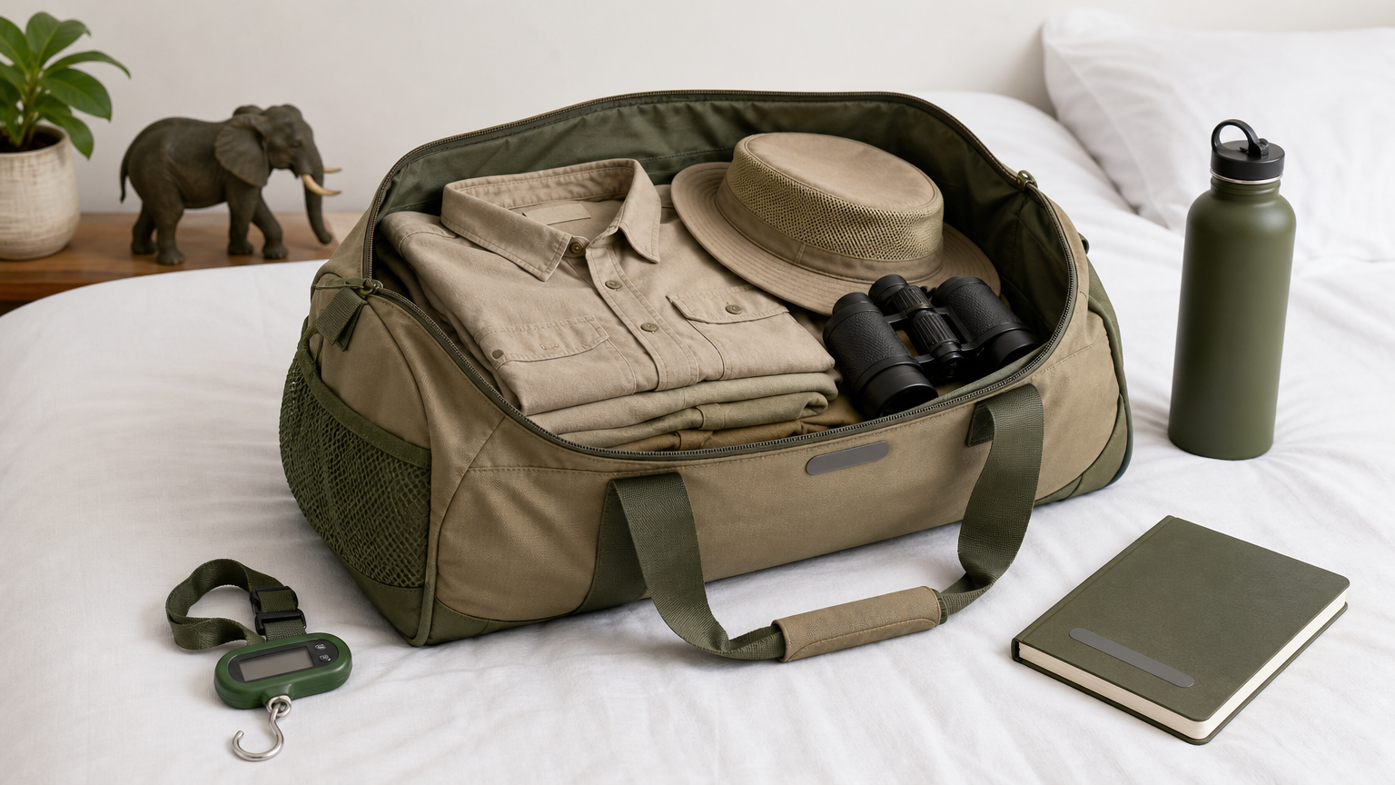 Open duffel bag with khaki clothes, a wide-brim hat, binoculars, and a luggage scale.