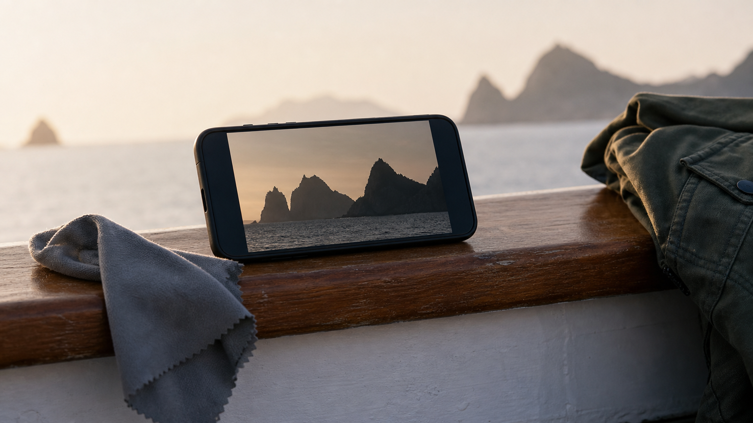 Un smartphone posé sur une rambarde cadre des pitons en silhouette, près d'un chiffon microfibre.