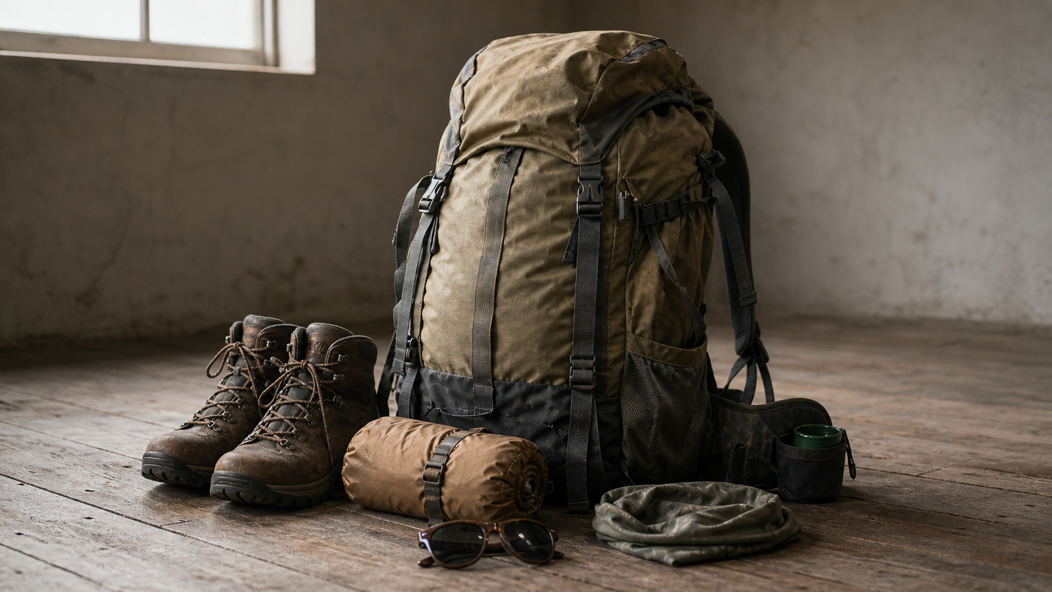 Daypack, hiking boots, sleeping bag, sunglasses and a buff arranged together on the ground.