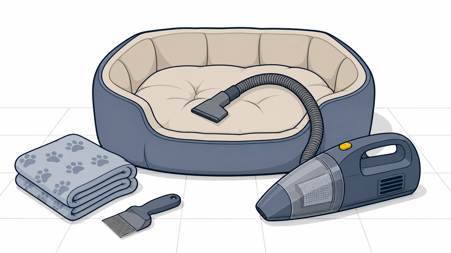 A dog bed on a tiled floor with a handheld vacuum hose resting across it, beside a folded blanket and a flea comb.
