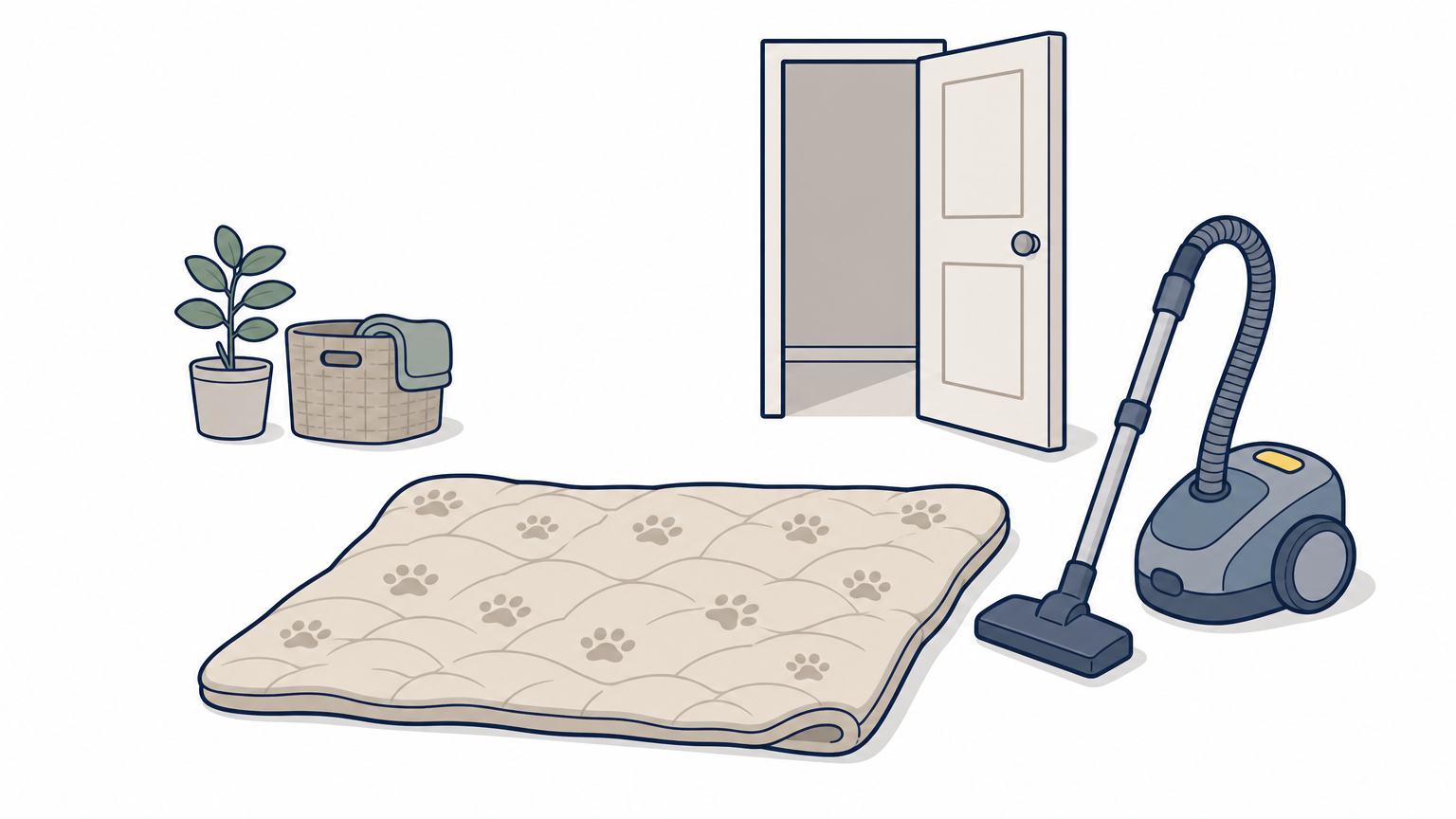 A pet blanket on a bare floor in a rental room, with a canister vacuum standing beside it near an open doorway.