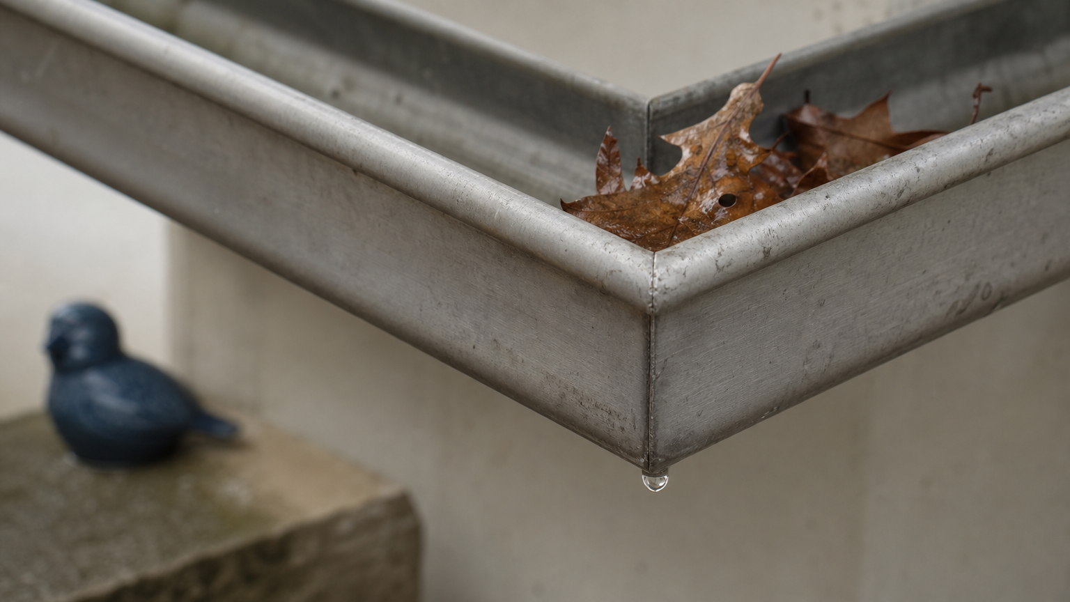 A gutter corner joint with a drop of water hanging from the seam and wet leaves in the trough.