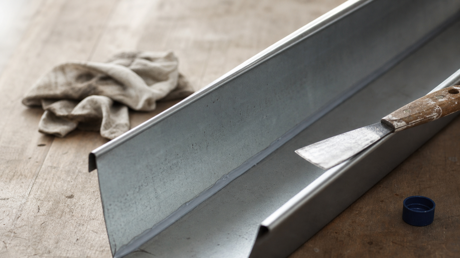 A thin bead of gray sealant pressed along a metal gutter seam with a putty knife resting beside it.
