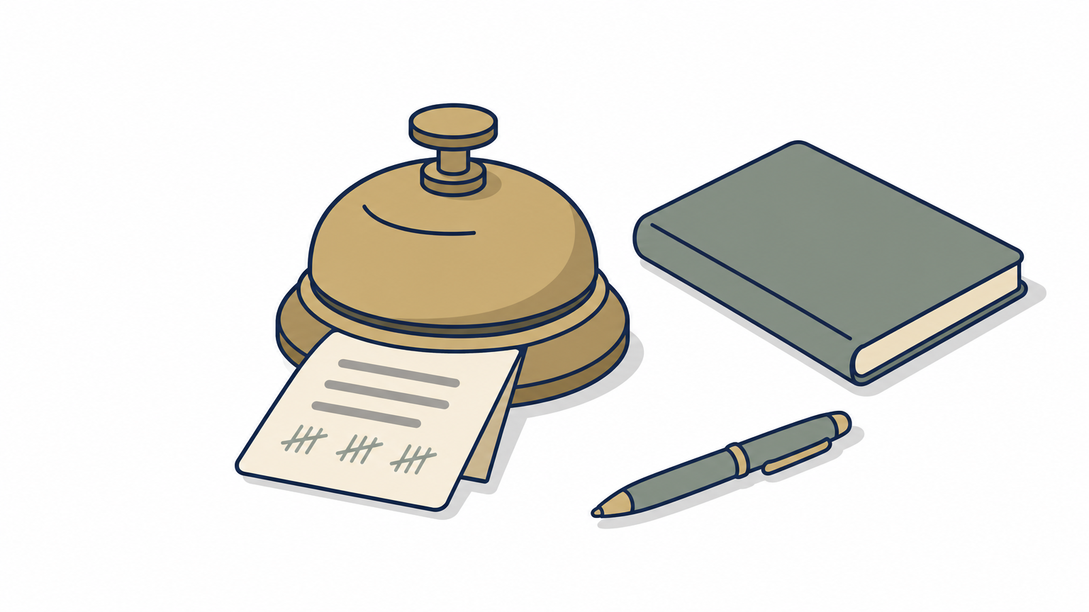 A brass bell and a folded tally card rest together on a wooden desk beside a closed notebook.