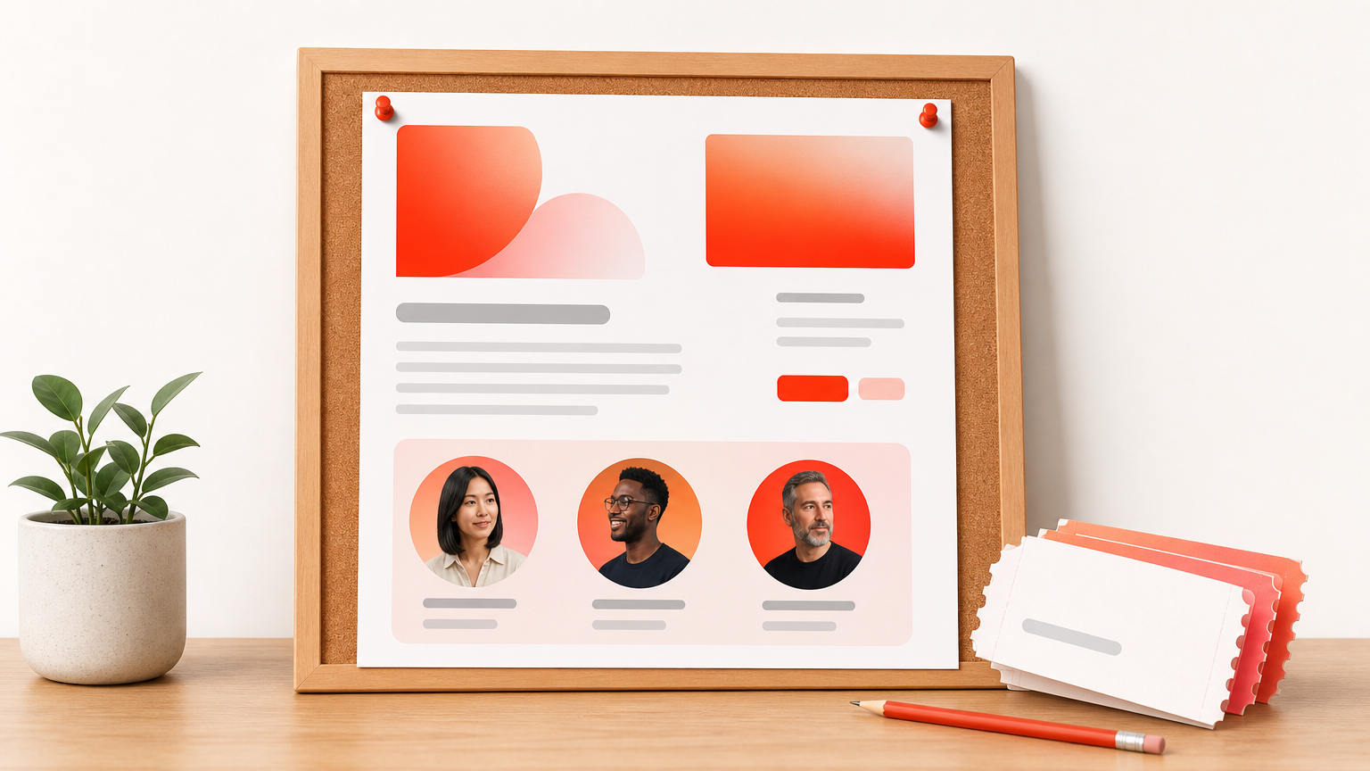 A desk with a printed event page layout, speaker portraits, and paper tickets beside a pencil.