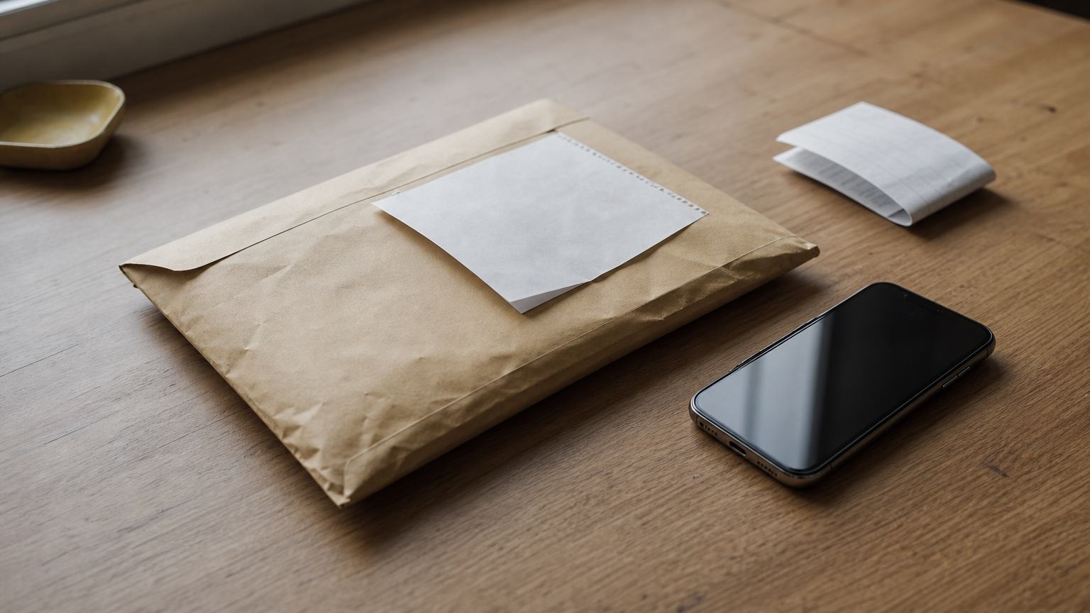 A sealed envelope with a tracking slip, a folded receipt, and a smartphone rest together on a desk.