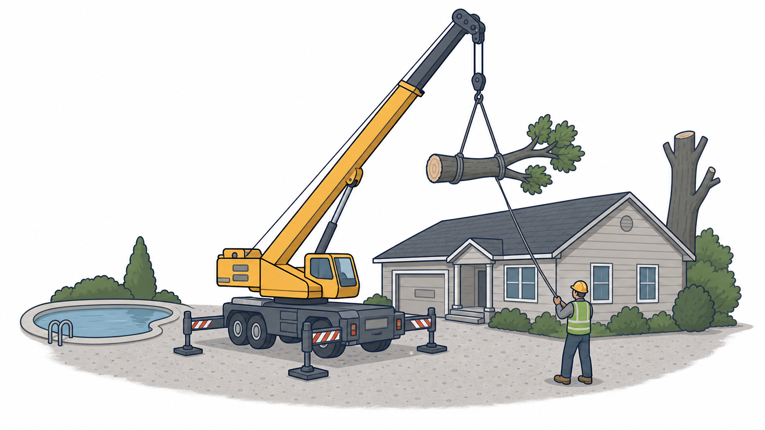 A mobile crane lifts a cut oak limb section clear above a house roof while a rigger guides it from the ground.