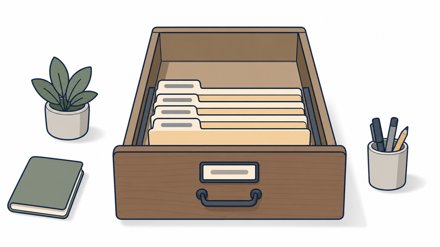 An open filing drawer holds a row of labeled folders at the front while the back stays empty.