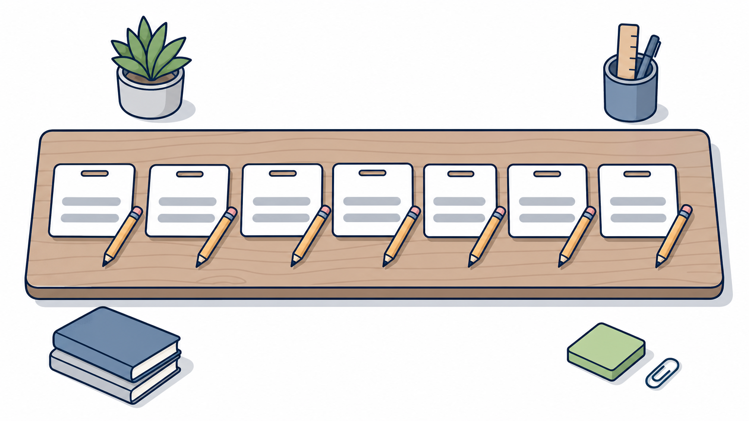 Seven paper name tags lined up on a desk, each with a pencil beside it.