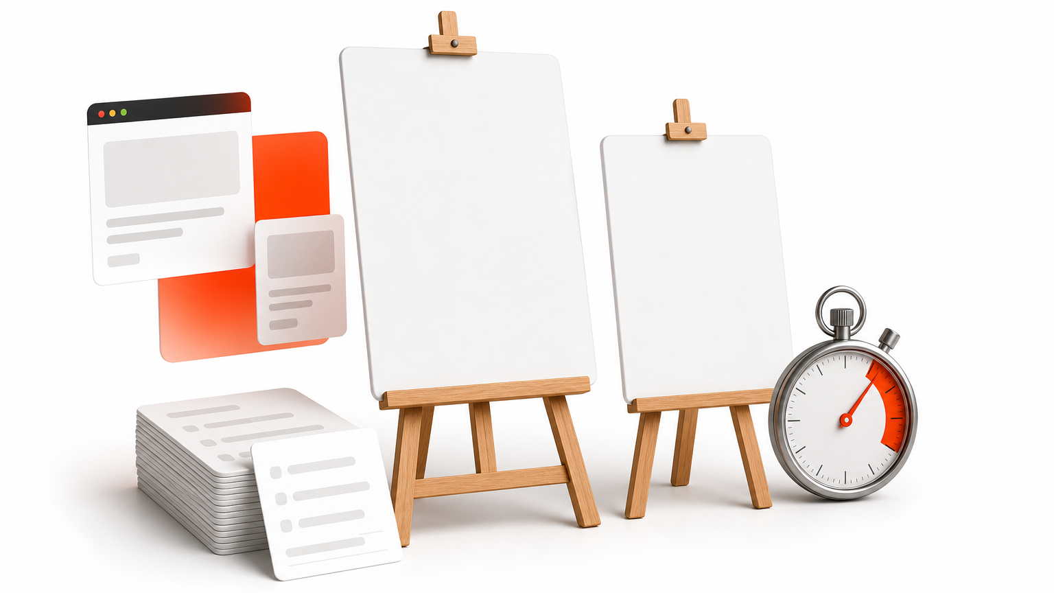 Two blank paper signs on easels sit side by side, with a stopwatch and registration slips in front.