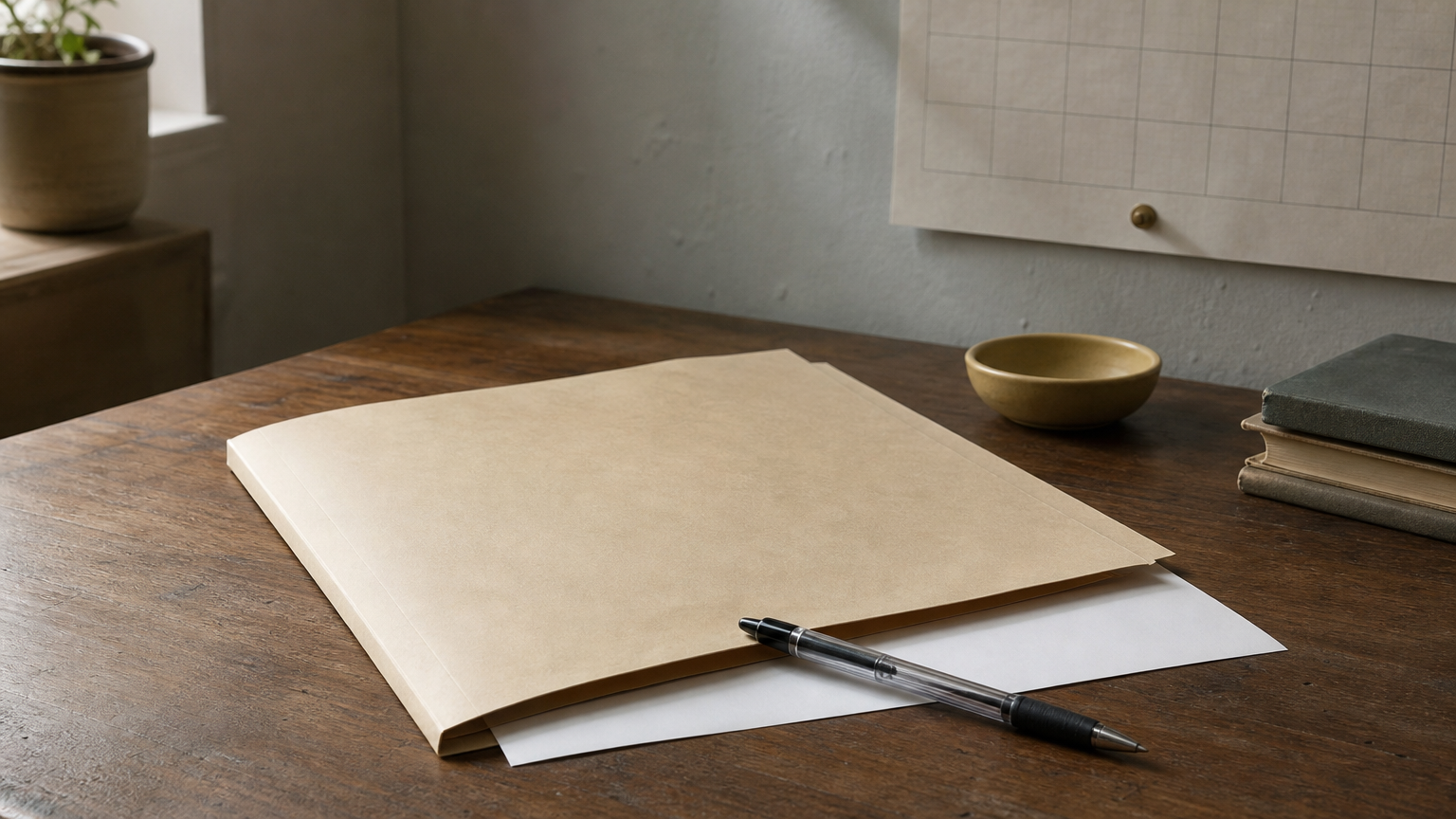 A manila folder holds one sheet of paper, with a pen resting across it and a calendar behind.