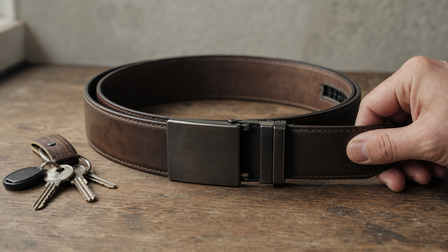 Une main tire la lanière d'une ceinture large dans une boucle automatique, à côté d'un trousseau de clés.