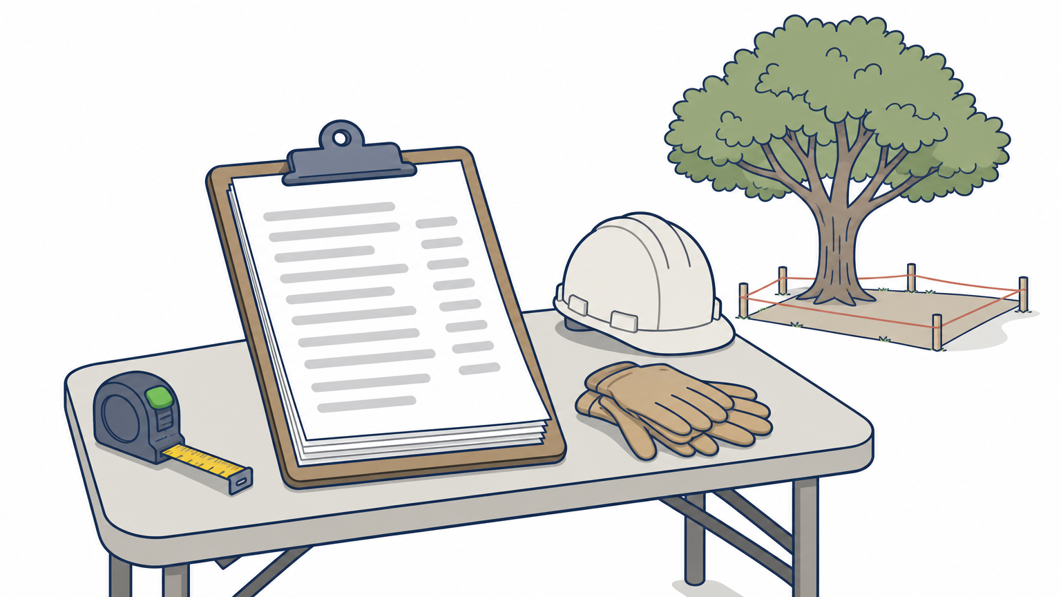 Printed bid sheets on a clipboard beside gloves and a hard hat, with a tree and staked crane pad behind them.