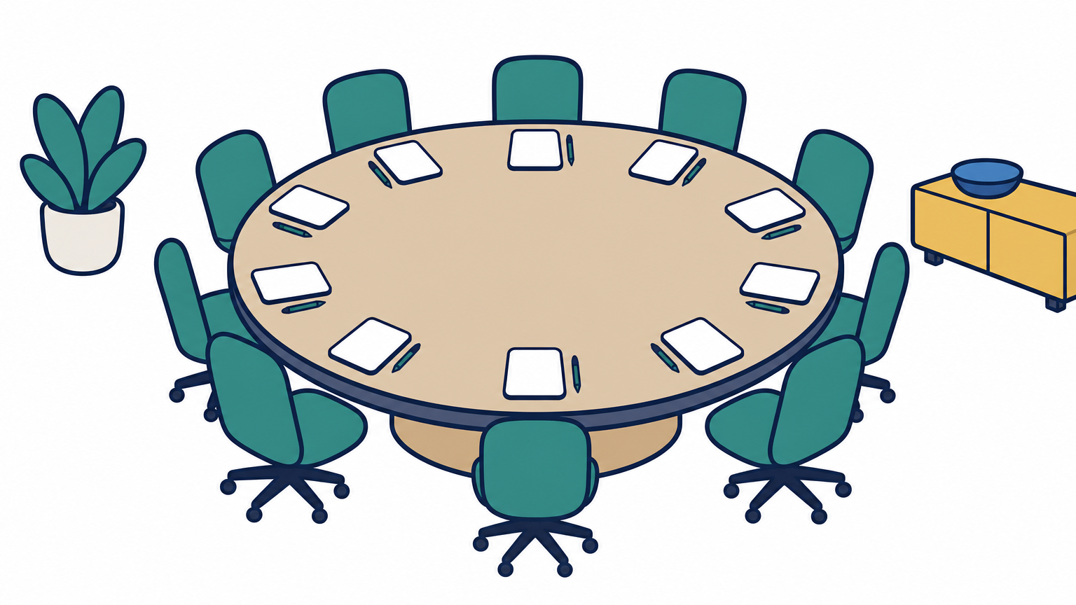 A round boardroom table with ten empty chairs, each with a pen and notepad placed at it.