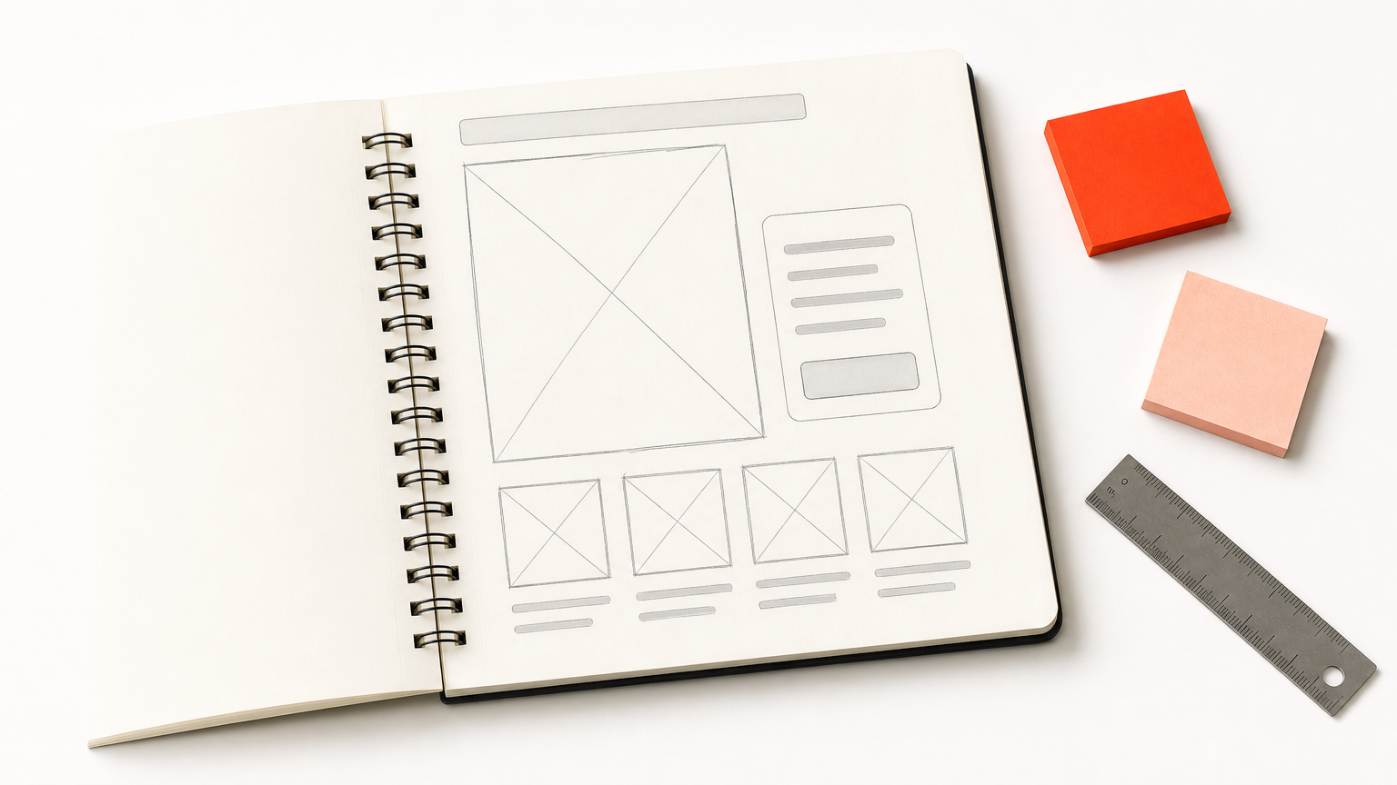 An open sketchbook shows a rough page layout with boxes, next to sticky notes and a ruler.