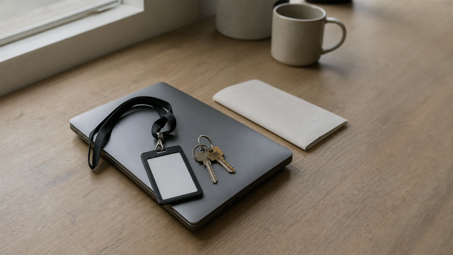 A company badge, office keys, and a closed laptop sit stacked on a desk beside a folded letter.