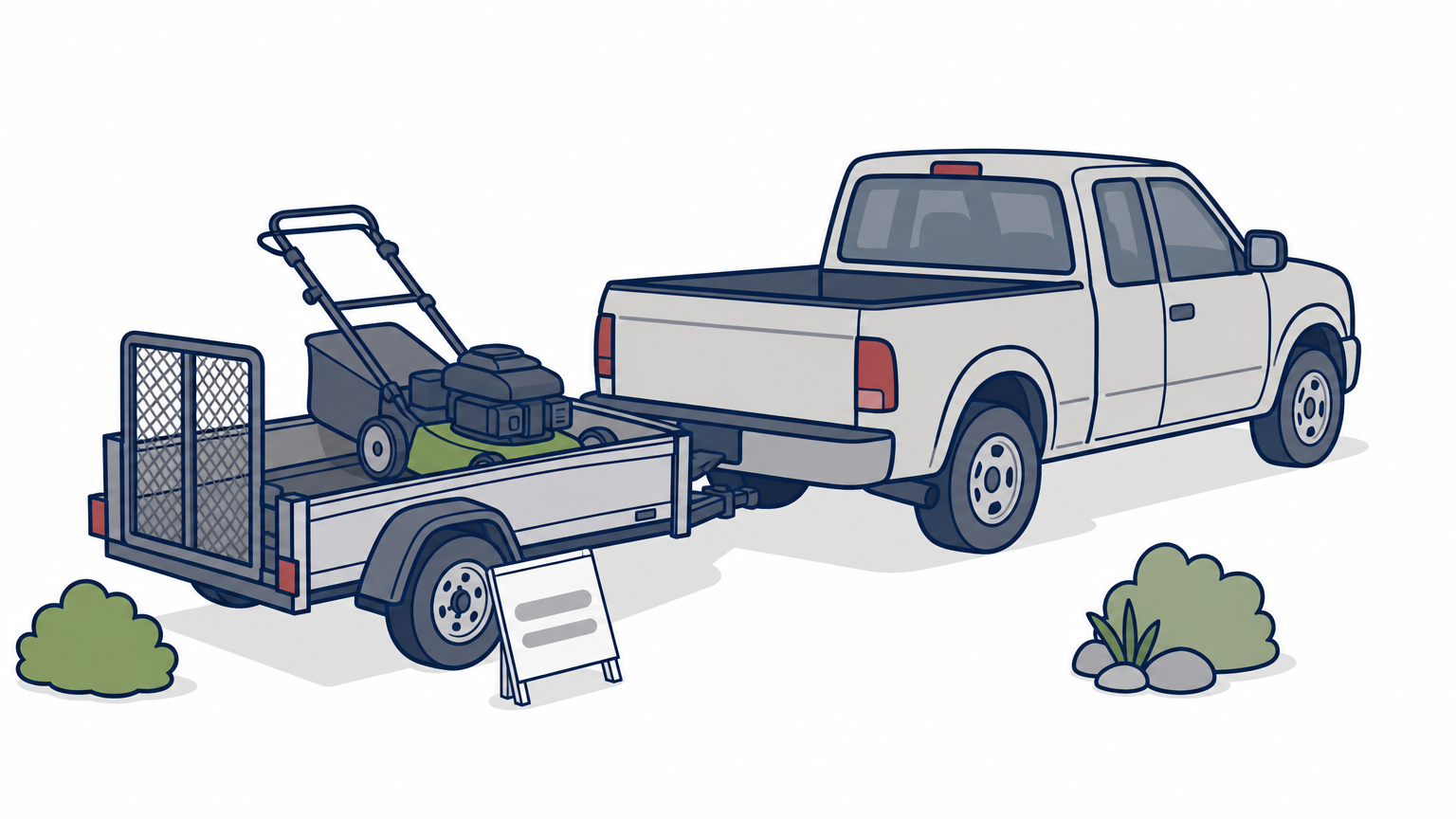 A pickup truck and utility trailer on a driveway with a push mower loaded on the trailer.