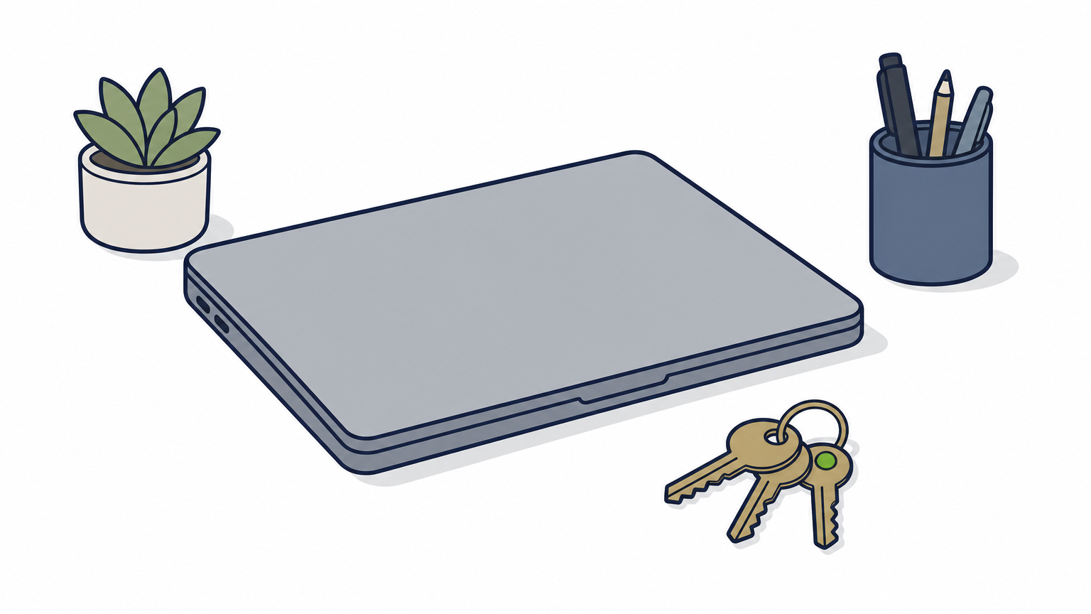 A closed laptop with a brass key ring of three keys resting beside it.