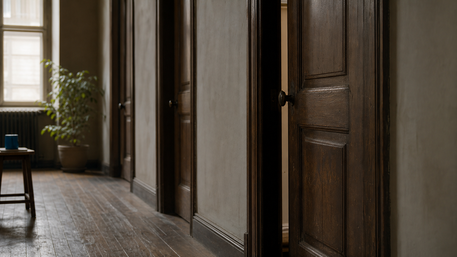 A torch beam sweeps down a corridor of closed doors, one standing slightly open.