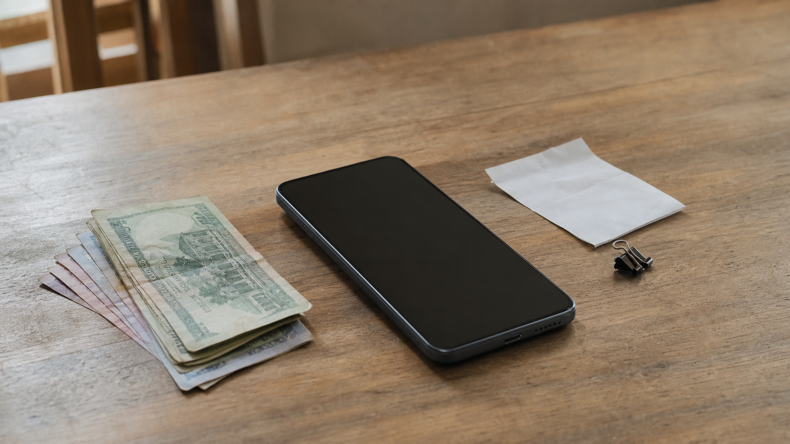 A smartphone lying beside a stack of taka banknotes and a paper receipt on a wooden table.