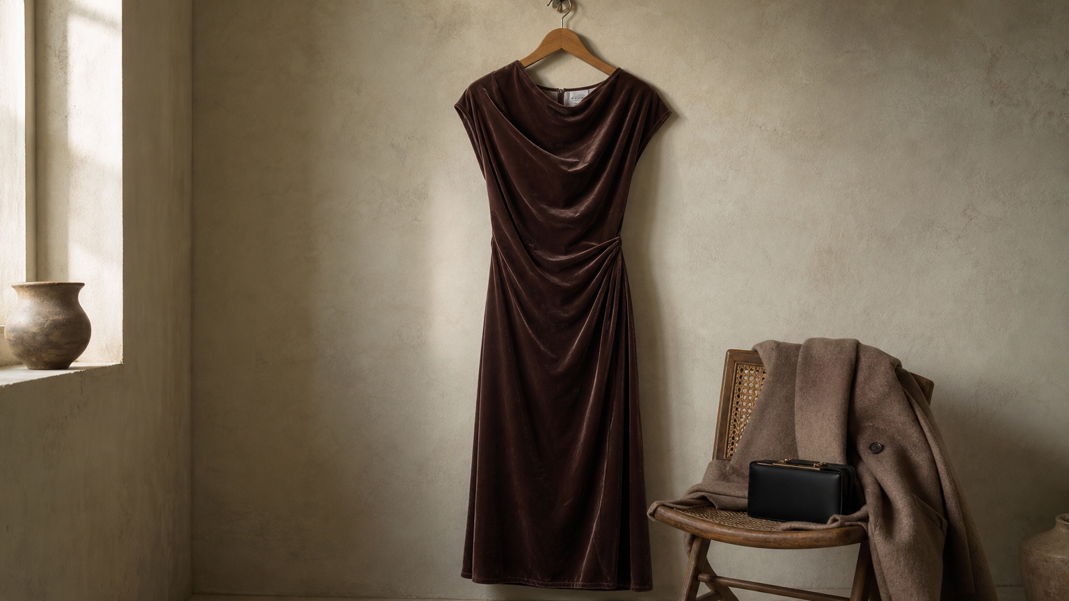 A velvet midi dress hangs beside a wool coat draped over a chair, with a small clutch resting on it.