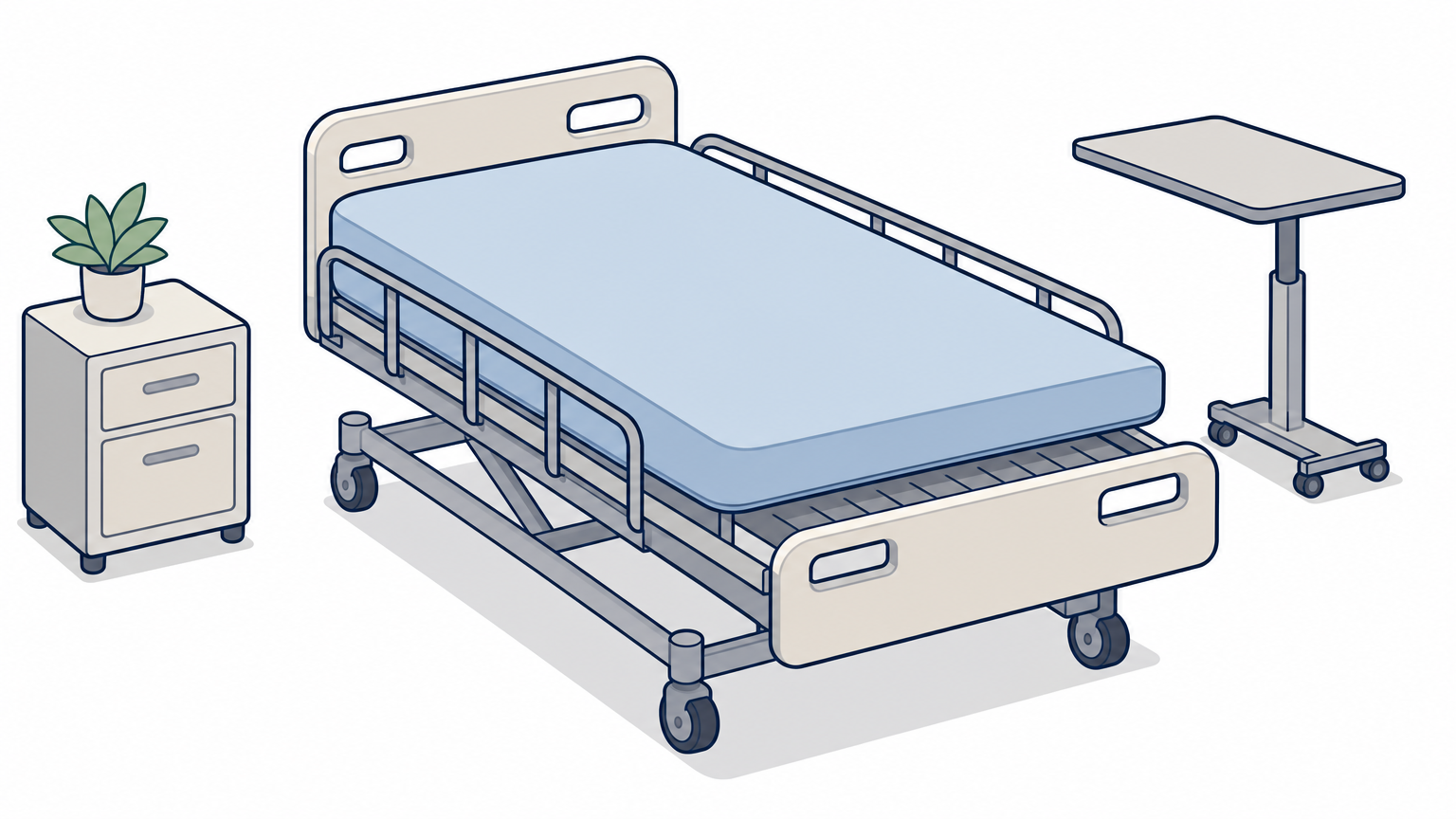 A twin XL mattress sits on a hospital bed deck, overhanging the side rails with a gap at the foot.