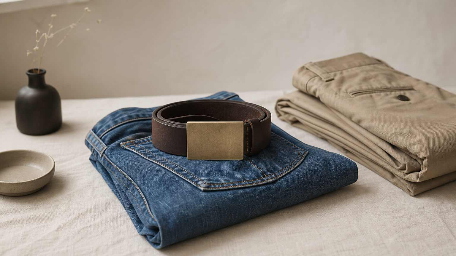 Une ceinture large à boucle rectangulaire plate posée sur un jean plié, à côté d'un chino.