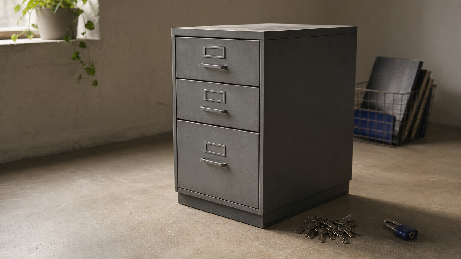 A tidy filing cabinet stands beside a pile of loose keys and an old padlock.