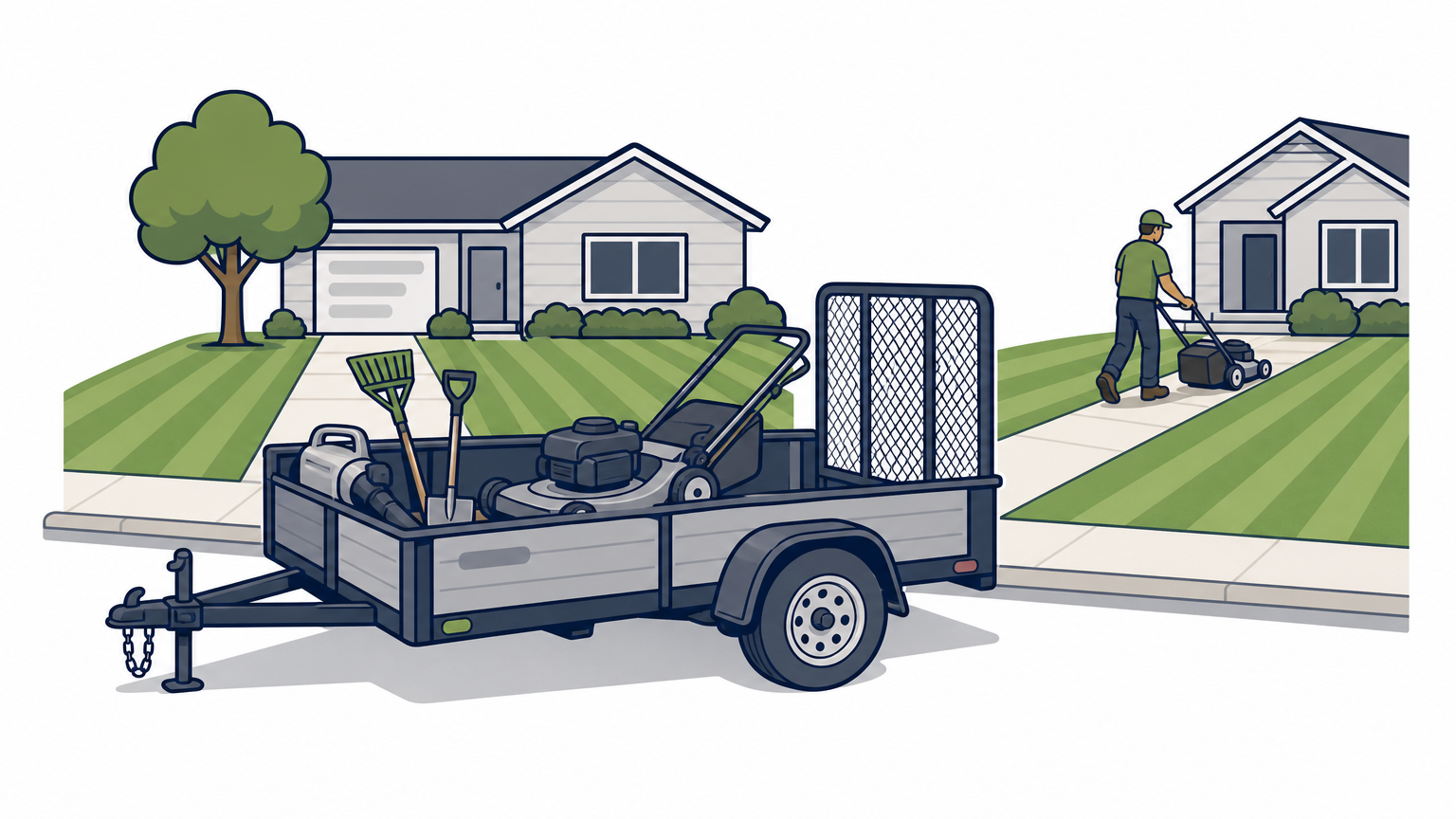 A landscaping trailer parked at a curb beside two freshly mowed lawns and a crew member.