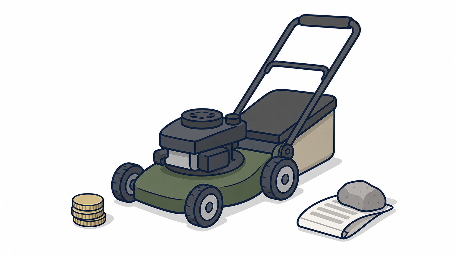 A push mower on a trimmed lawn edge, with a stack of coins and a folded receipt beside it.