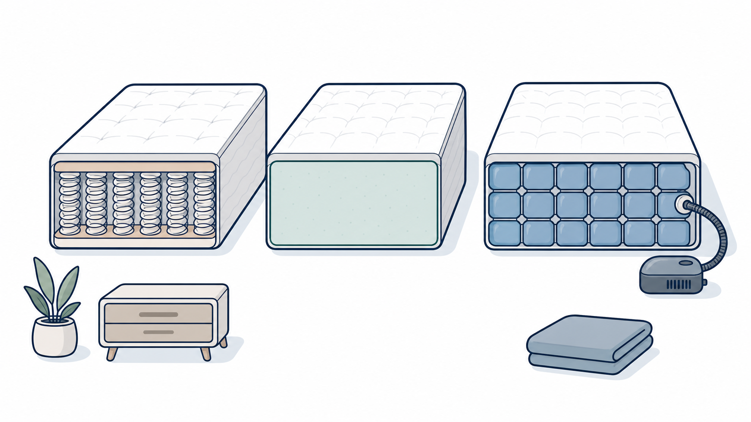 Three cutaway mattress cores side by side: coil springs, solid foam, and an air cell grid with a pump hose.