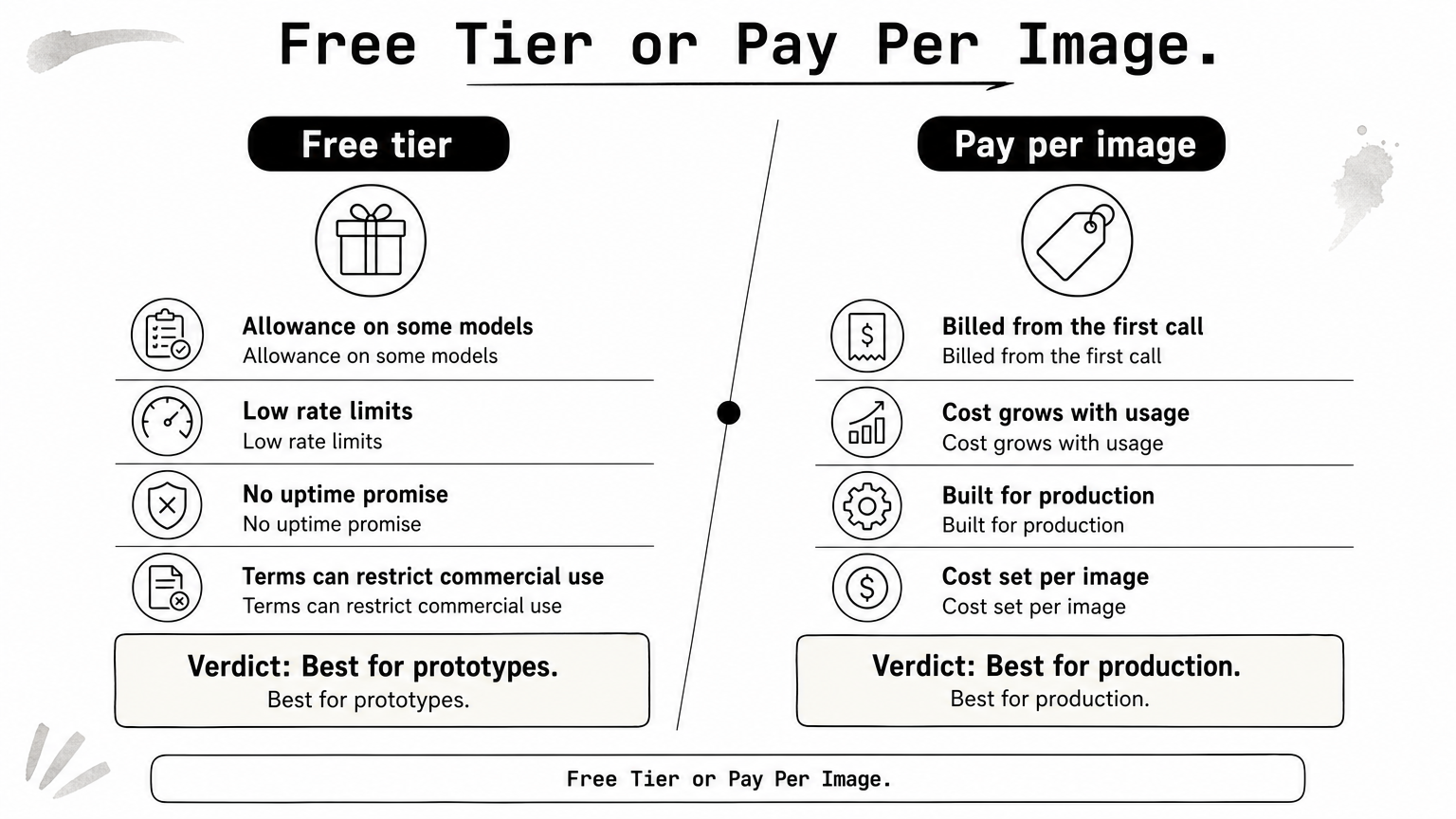 Side-by-side comparison of free tier and pay-per-image API routes, with the limits and best use of each.