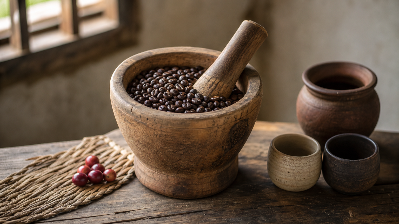 A wooden mortar of roasted coffee beans sits beside a clay pot and two cups on a farm table.