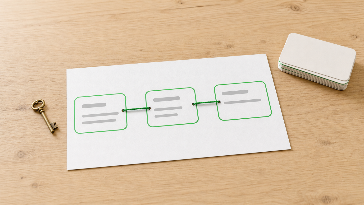 A desk with a paper flowchart of three linked boxes, a brass key, and a stack of index cards.