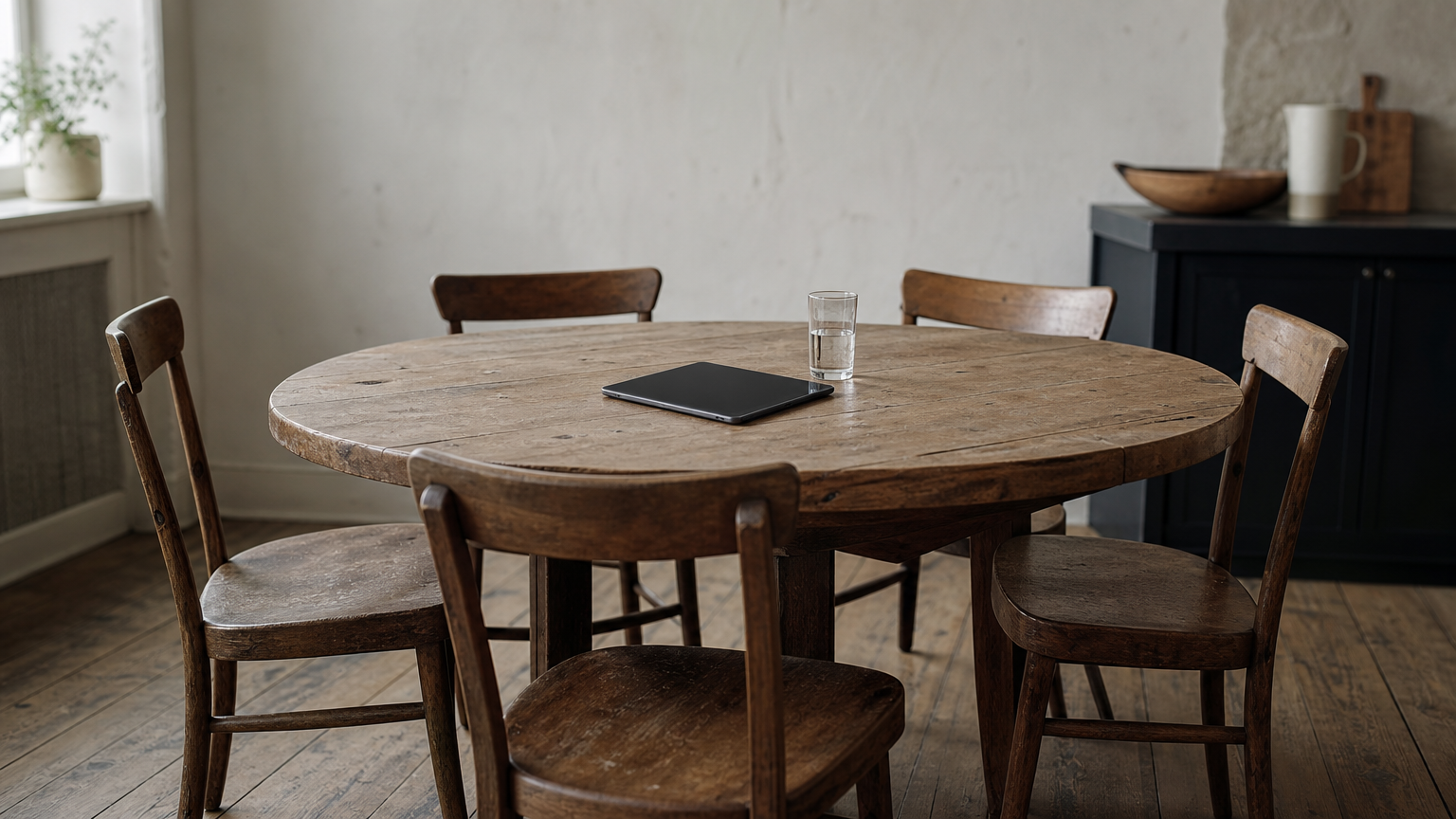 Five chairs around a kitchen table with a tablet resting on it.