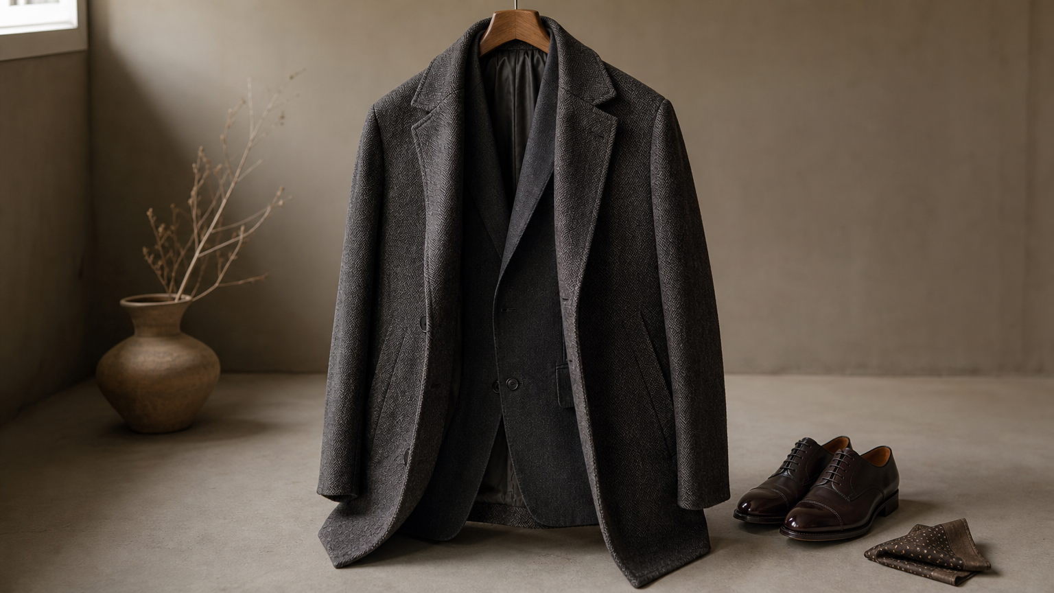 A tailored suit jacket and a long wool overcoat hang together, with leather oxford shoes and a folded pocket square nearby.