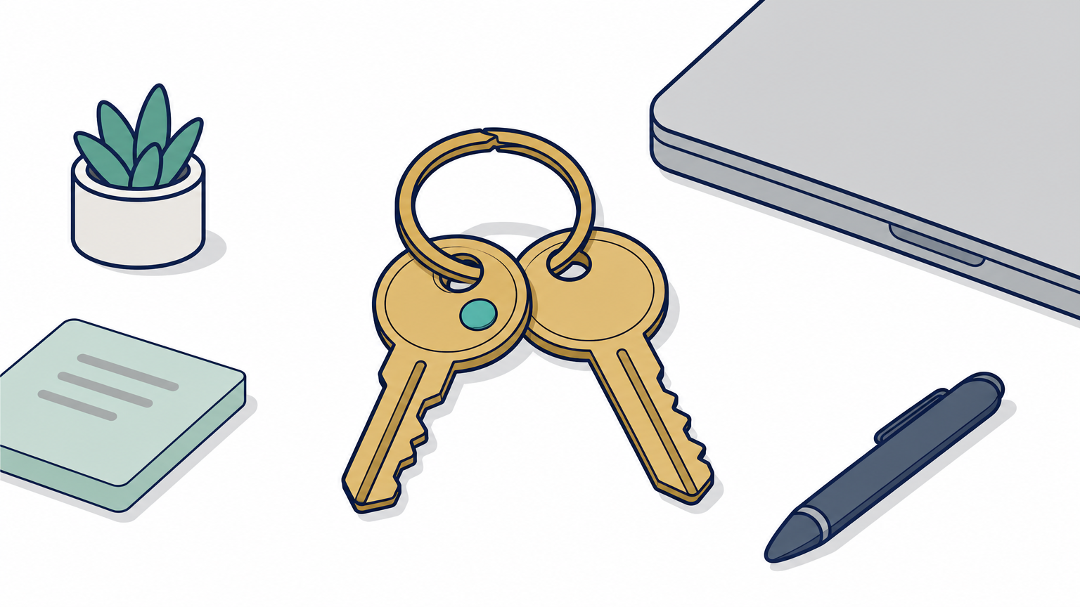 A brass key ring holding two keys rests on a desk beside a closed laptop.
