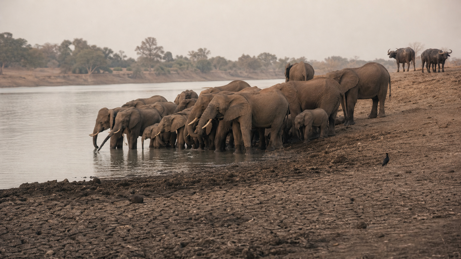 Best Time to Visit Chobe National Park: Month by Month A large elephant herd gathers at a river's edge while buffalo stand nearby on dry ground.