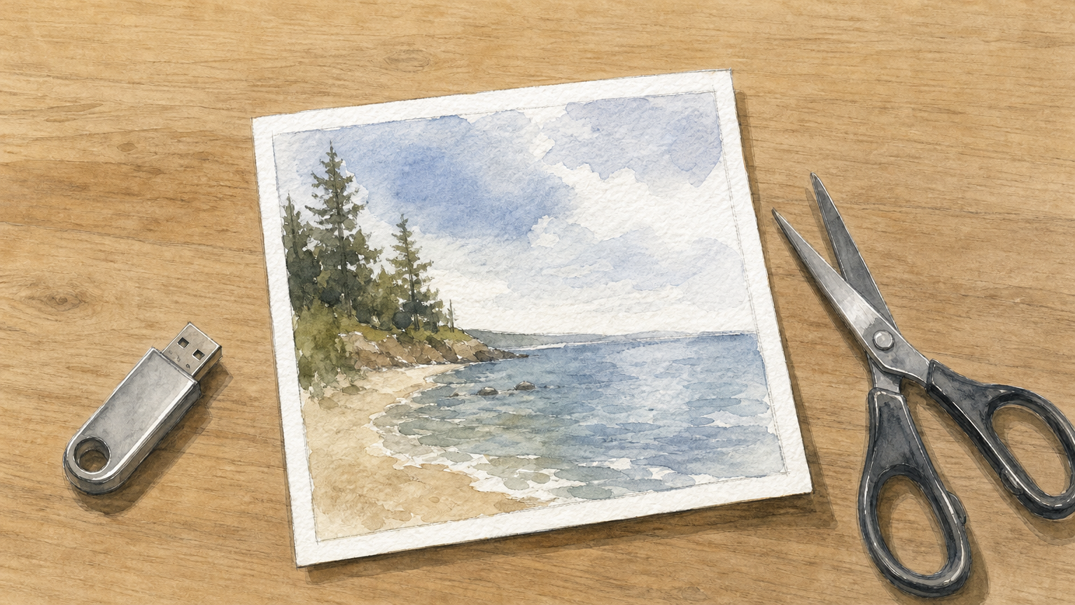 A square printed photo lies on a wooden desk next to a USB stick and a pair of scissors.